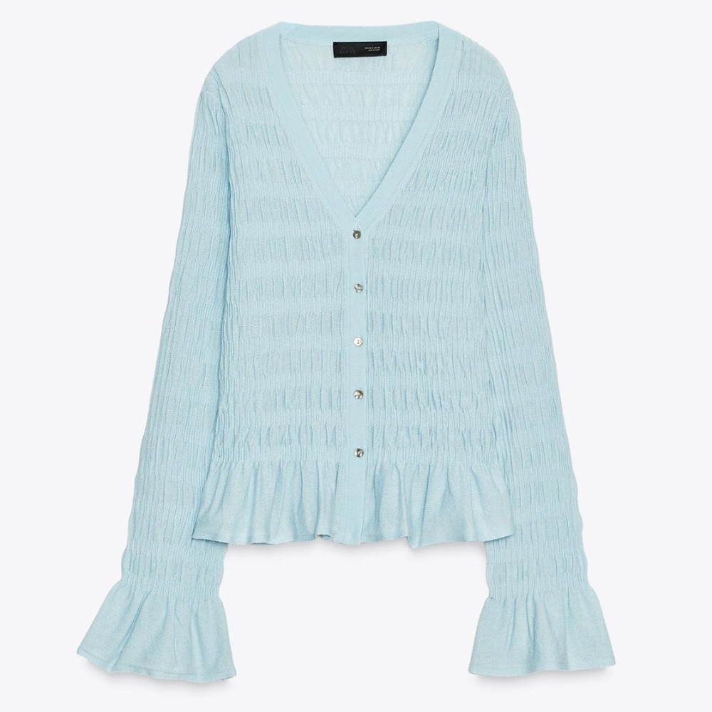 Zara light blue gathered V neck cardigan NWT
